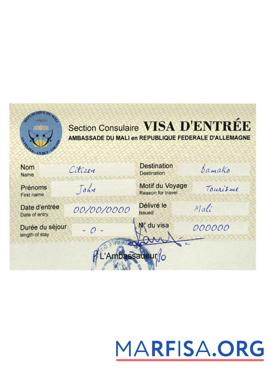 Printable Mali Republic travel visa real example